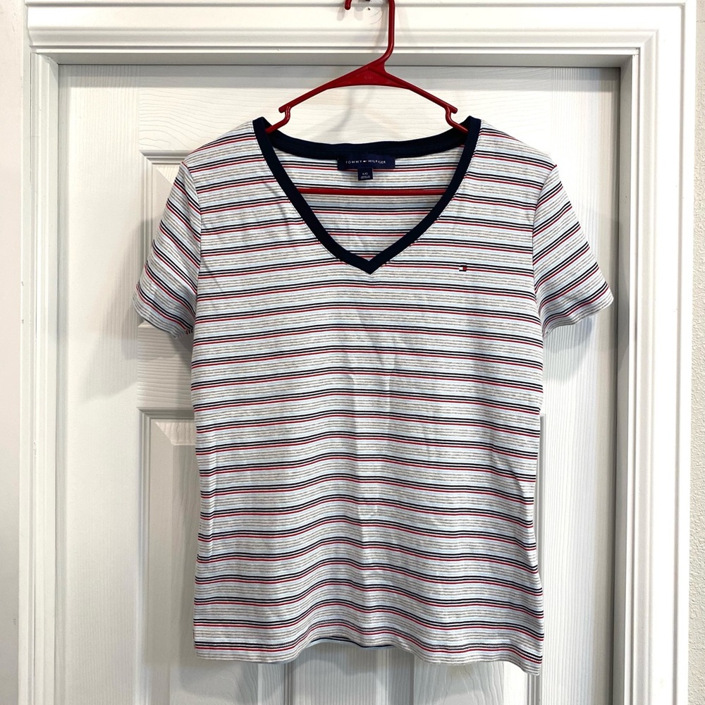 Tommy Hilfiger Women's White V-Neck Tee with Navy and Red Stripes